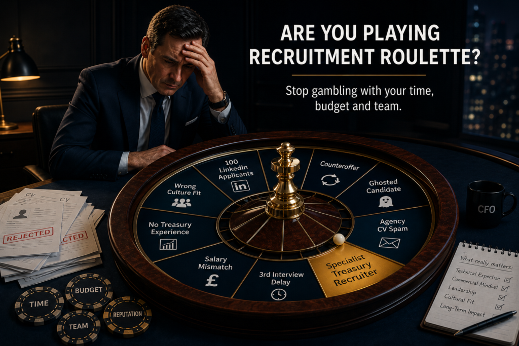 Recruitment roulette wheel with "Specialist Treasury Recruiter" and risks like "Wrong Culture Fit.