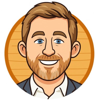 Cartoon portrait of a man with a beard smiling, likely related to a treasury careers podcast.