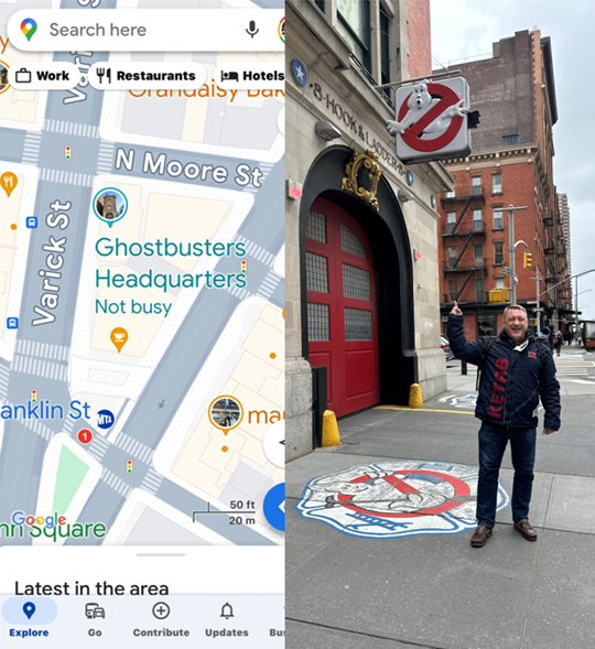 Map & photo: Ghostbusters Headquarters, FDNY Hook & Ladder 8. "Not busy" on map. Man at firehouse.