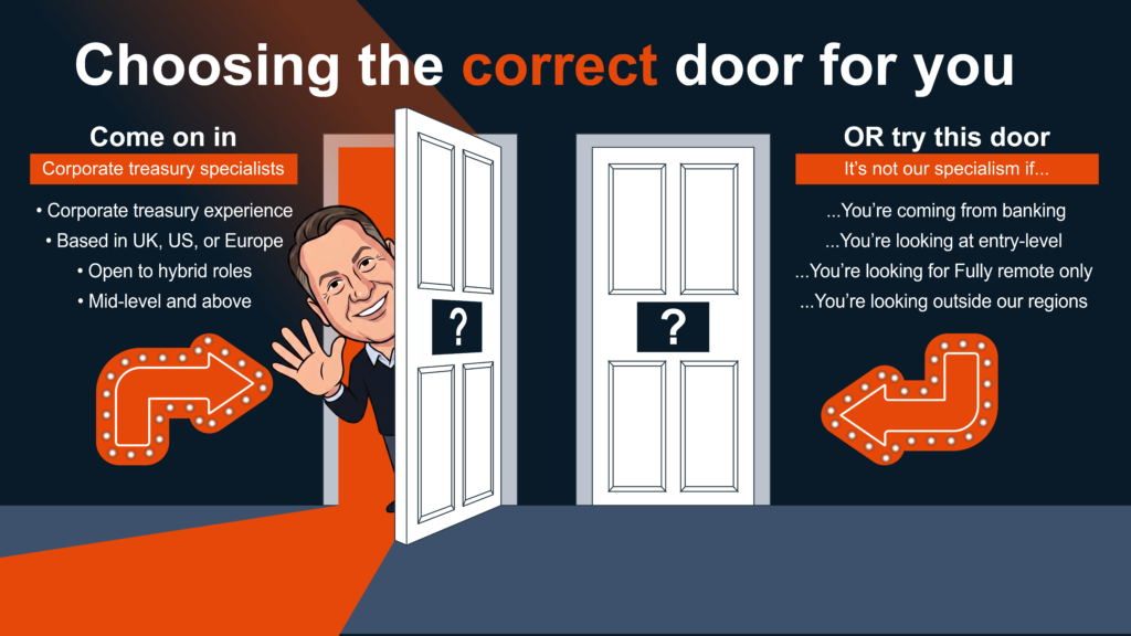 Choosing the correct door for you: Corporate treasury specialists vs. other roles.