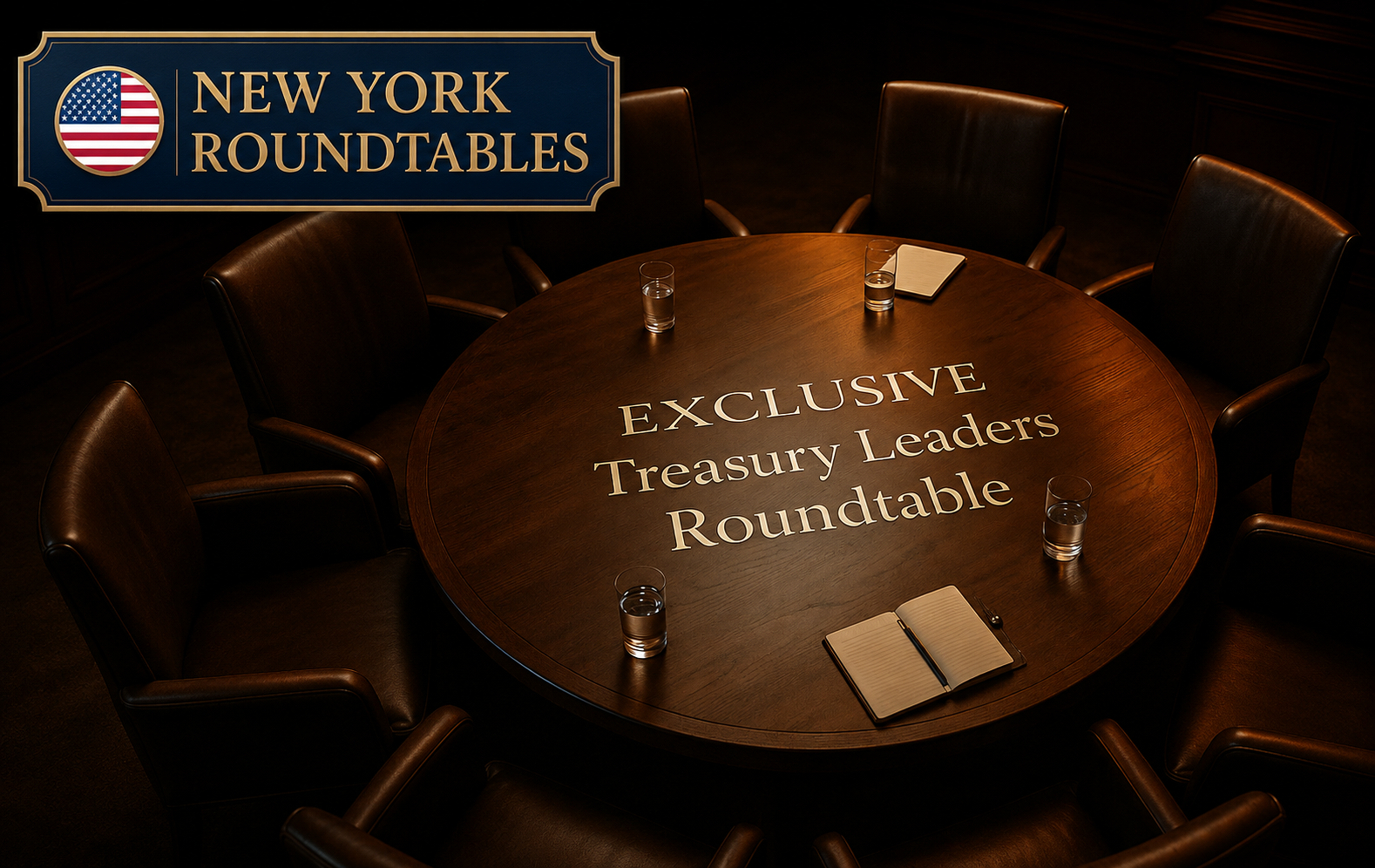Meeting room with "Exclusive Treasury Leaders Roundtable" sign, leather chairs, table, and notepad