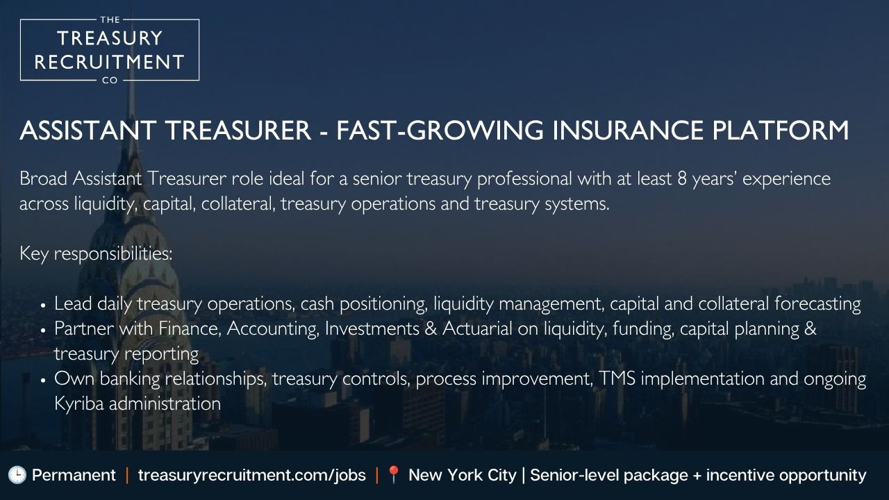 The Treasury Recruitment Co. logo and job ad for Assistant Treasurer in NYC
