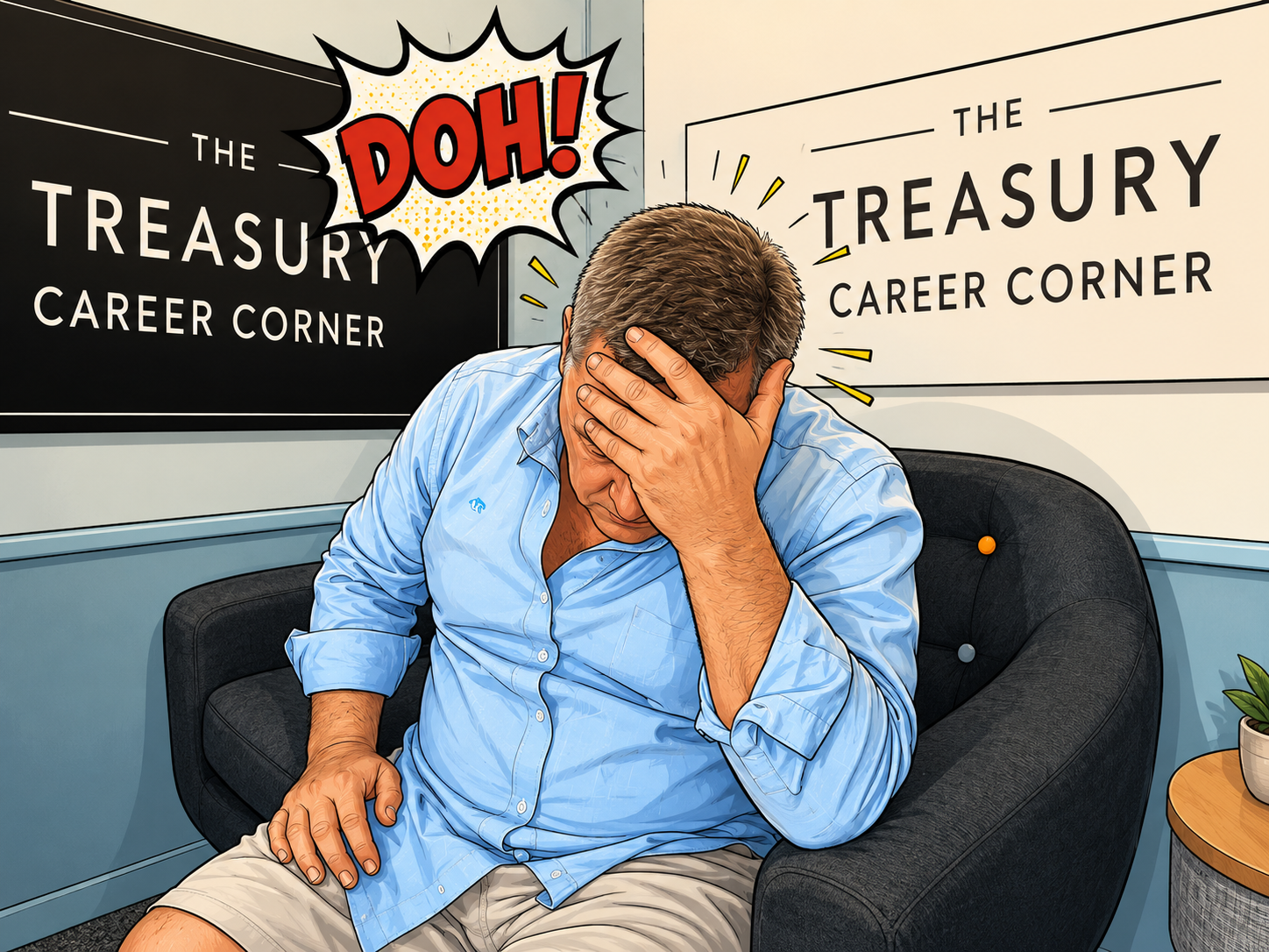 Man with hand on face in front of "The Treasury Career Corner" sign, "DOH!" speech bubble