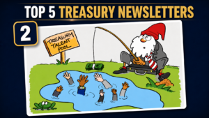 Cartoon: Gnome fishing for treasury talent in a pool of hands. Includes "Treasury Talent Pool" text.