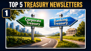 Signpost for Corporate Treasury vs. Banking Treasury in front of city and bank buildings.