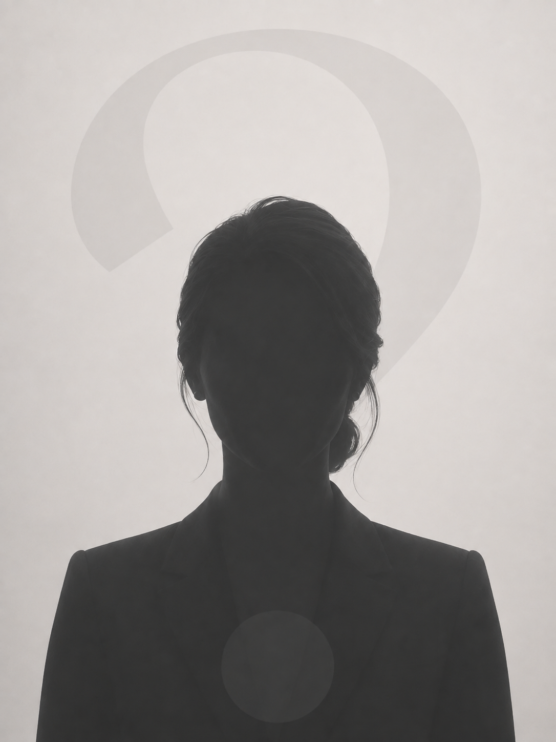 Silhouette of a woman in a blazer with a large question mark graphic behind her, suggesting a podcast mystery or unknown guest.