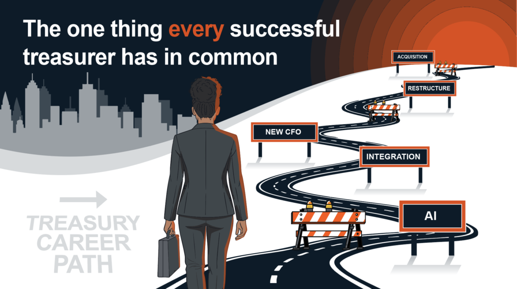 Treasury career path: a winding road with stages like AI, integration, and acquisition.