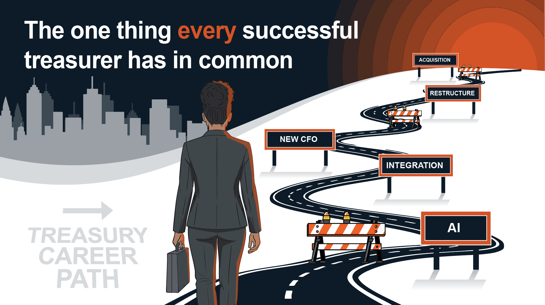 Treasury career path: a winding road with stages like AI, integration, and acquisition.