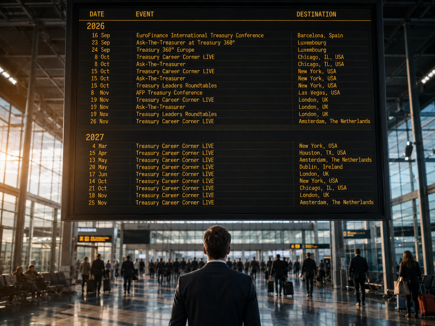 Treasury professional looks at a digital board listing upcoming treasury events and destinations.