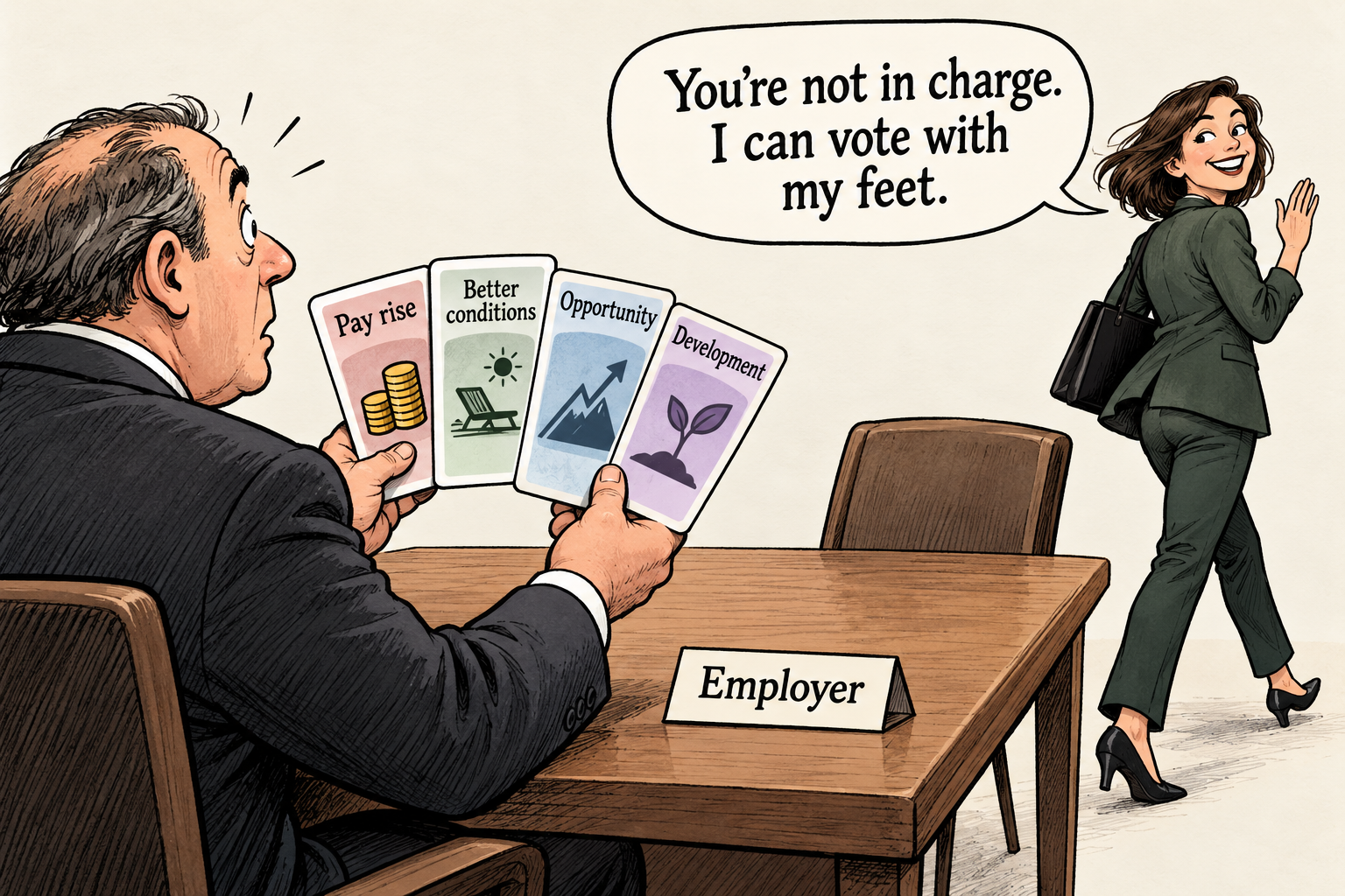 Employers Hold All The Cards Employer offers cards for pay rise, conditions, opportunity, development as employee leaves, saying "You're not in charge. I can vote with my feet.